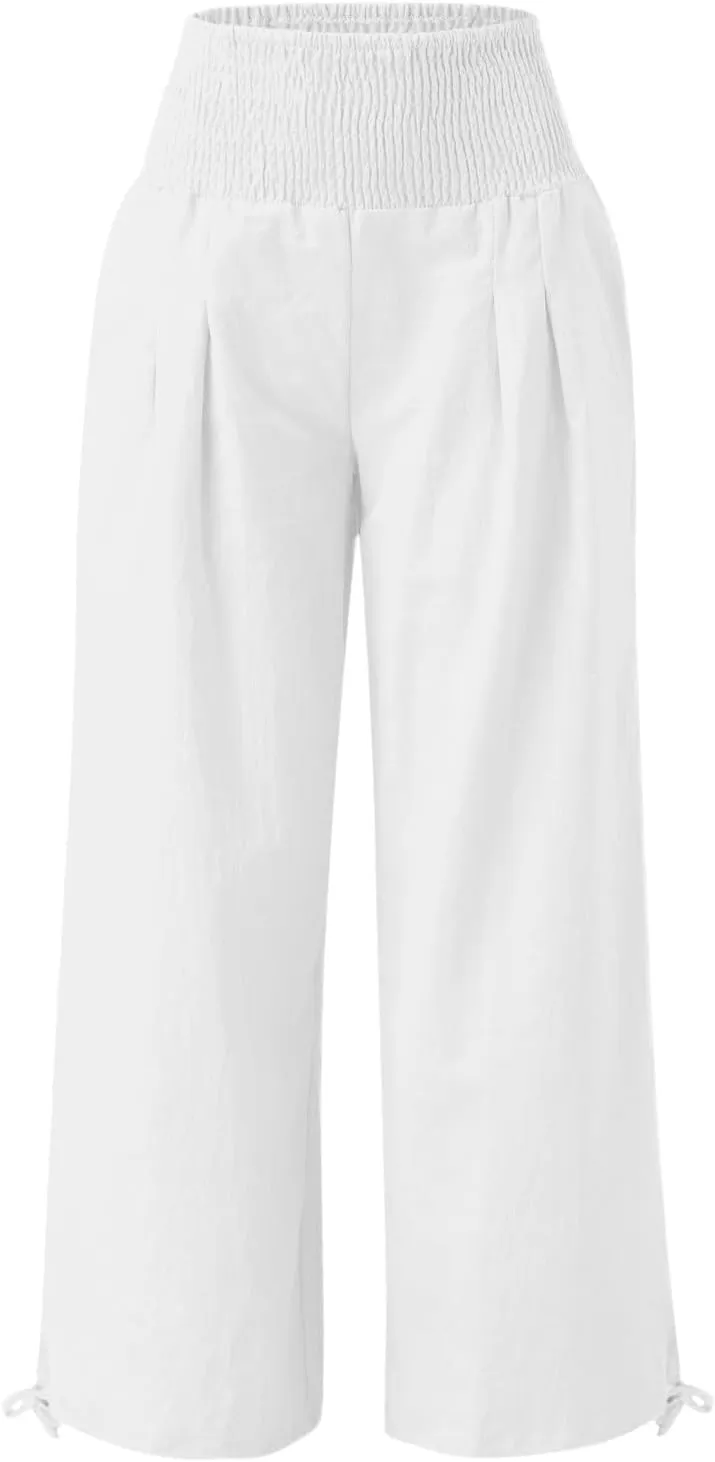 Womens Wide Leg Casual Pants Elastic Pleated Waist High Waisted Joggers Pant Loose Solid Color Trousers with Pocket
