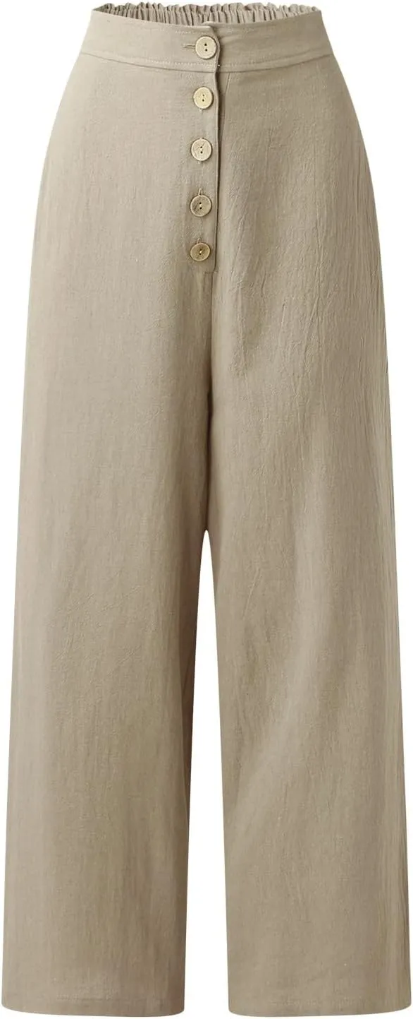 Women's Wide Leg Palazzo Trousers Solid Color High Waist Casual Pants Cotton Linen Generous Office Pants with