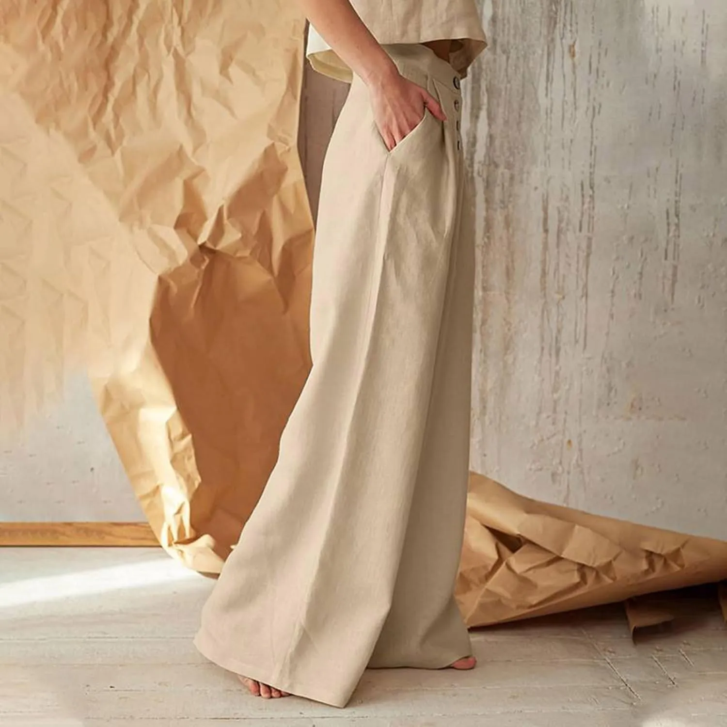 Women's Wide Leg Palazzo Trousers Solid Color High Waist Casual Pants Cotton Linen Generous Office Pants with