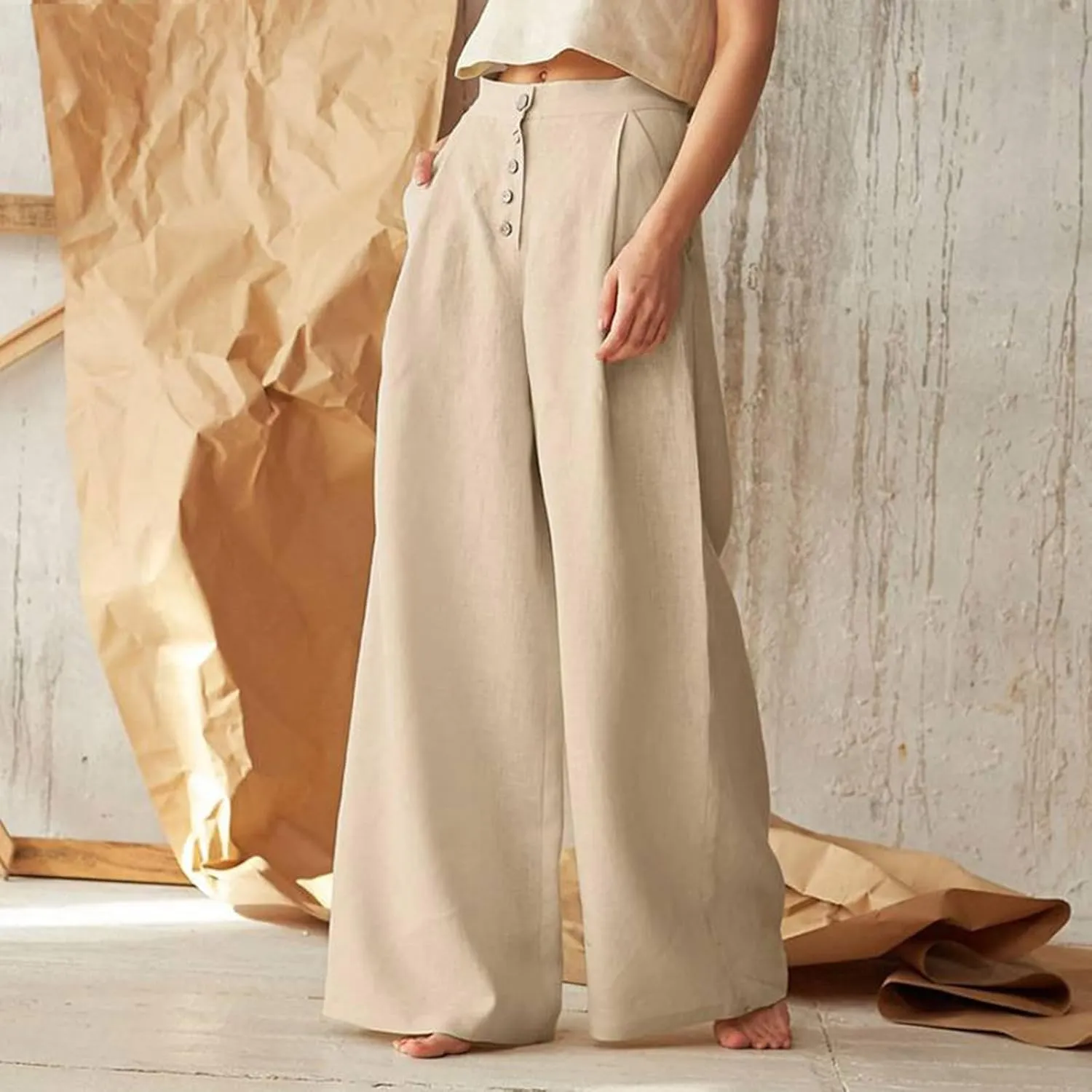 Women's Wide Leg Palazzo Trousers Solid Color High Waist Casual Pants Cotton Linen Generous Office Pants with