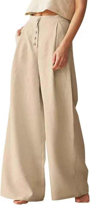 Women's Wide Leg Palazzo Trousers Solid Color High Waist Casual Pants Cotton Linen Generous Office Pants with