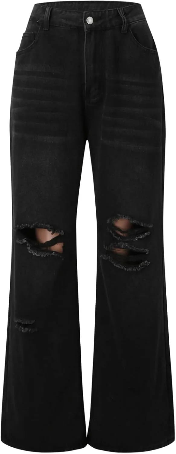 XIAOBU Ripped Straight Jeans Women's High Waist Loose Retro Denim Pants Pocket Button Solid Casual Trousers