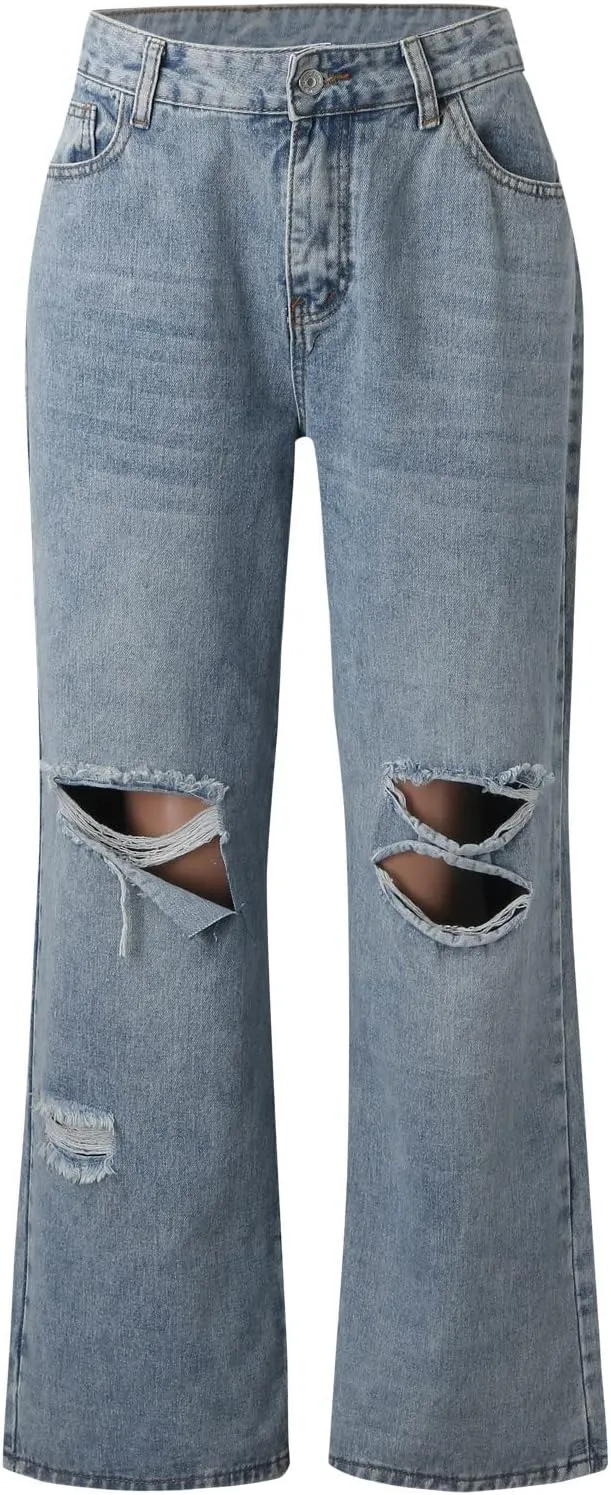 XIAOBU Ripped Straight Jeans Women's High Waist Loose Retro Denim Pants Pocket Button Solid Casual Trousers