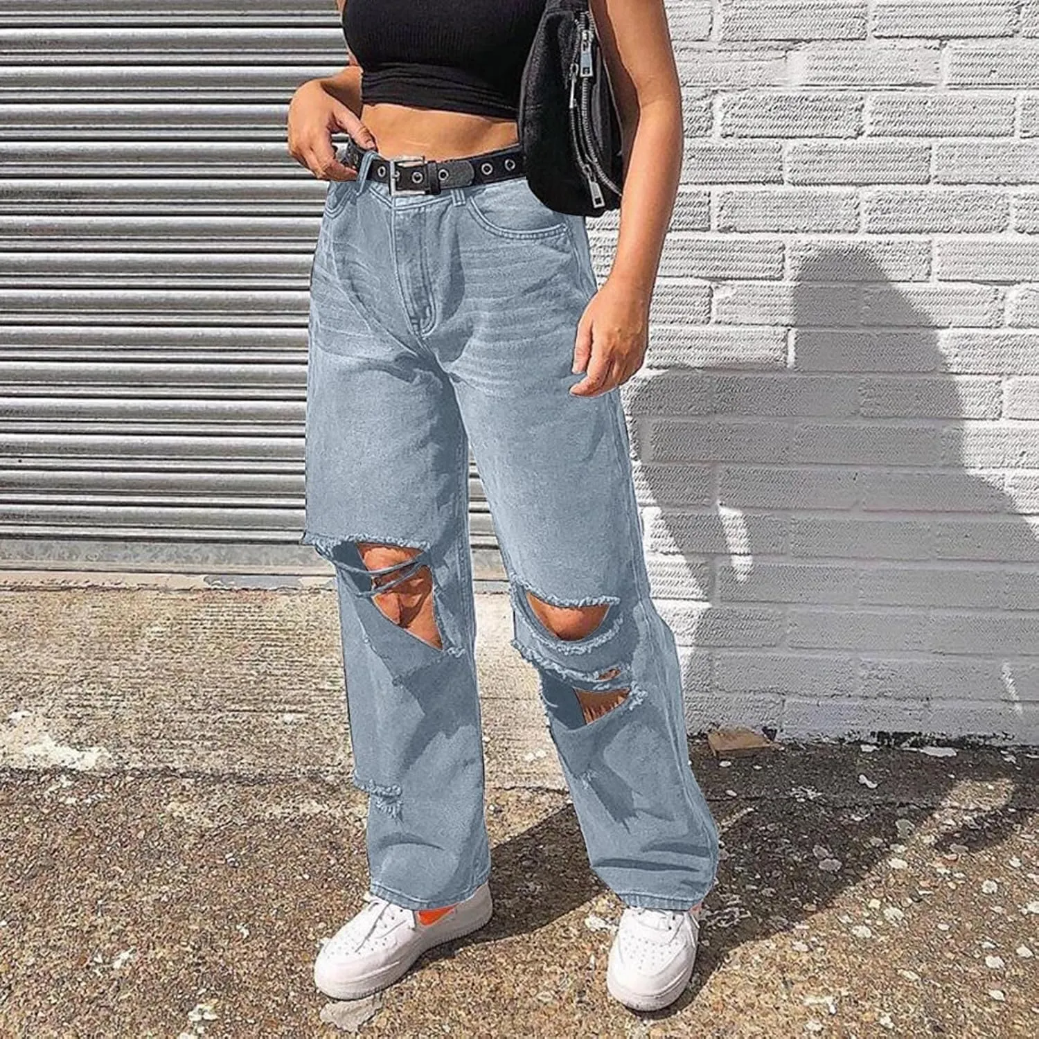 XIAOBU Ripped Straight Jeans Women's High Waist Loose Retro Denim Pants Pocket Button Solid Casual Trousers