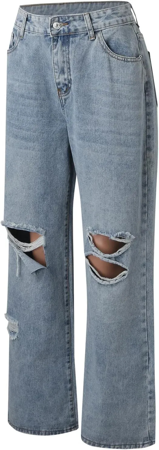 XIAOBU Ripped Straight Jeans Women's High Waist Loose Retro Denim Pants Pocket Button Solid Casual Trousers