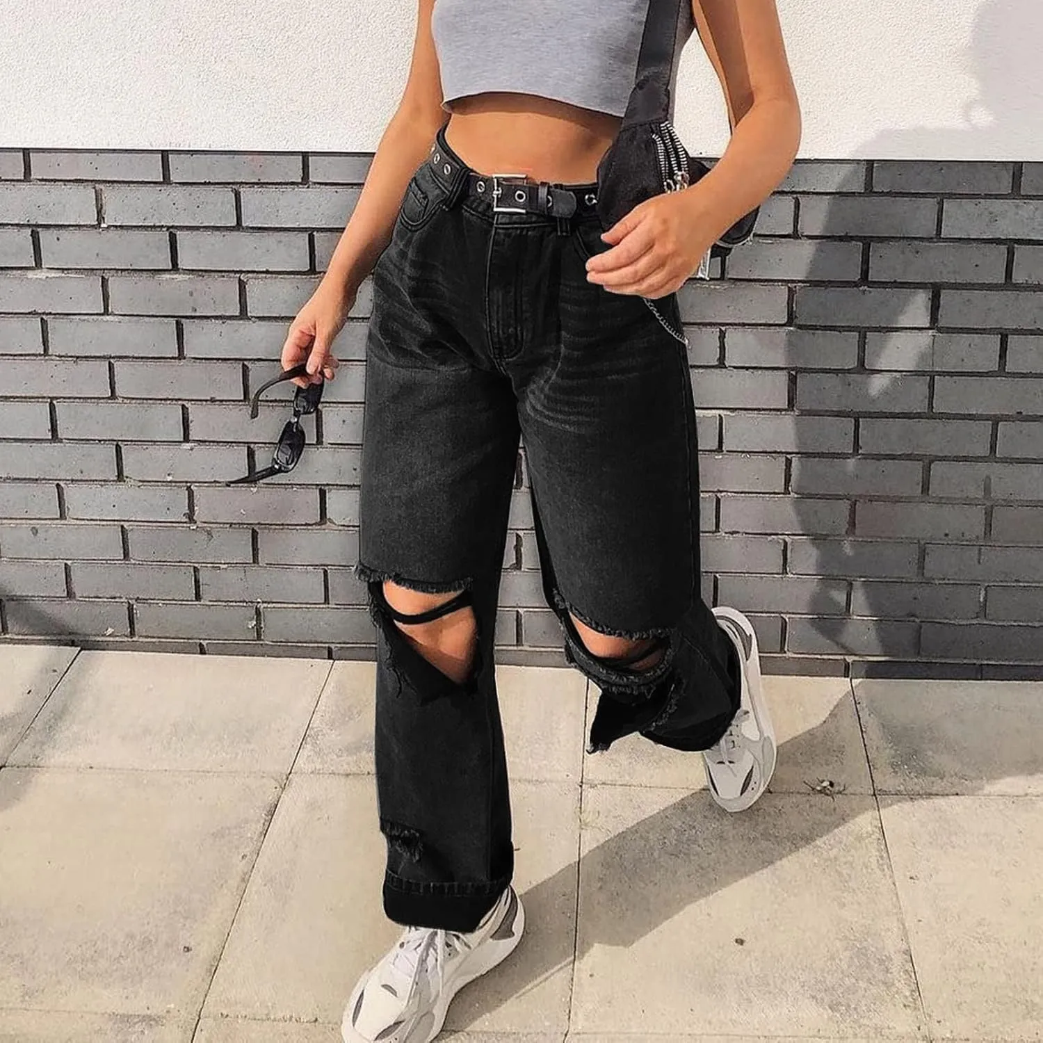 XIAOBU Ripped Straight Jeans Women's High Waist Loose Retro Denim Pants Pocket Button Solid Casual Trousers