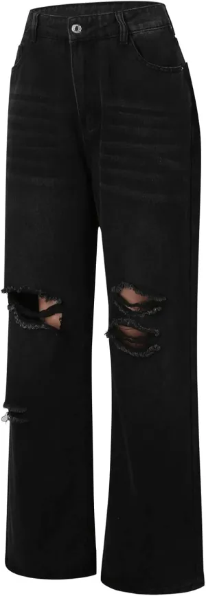 XIAOBU Ripped Straight Jeans Women's High Waist Loose Retro Denim Pants Pocket Button Solid Casual Trousers