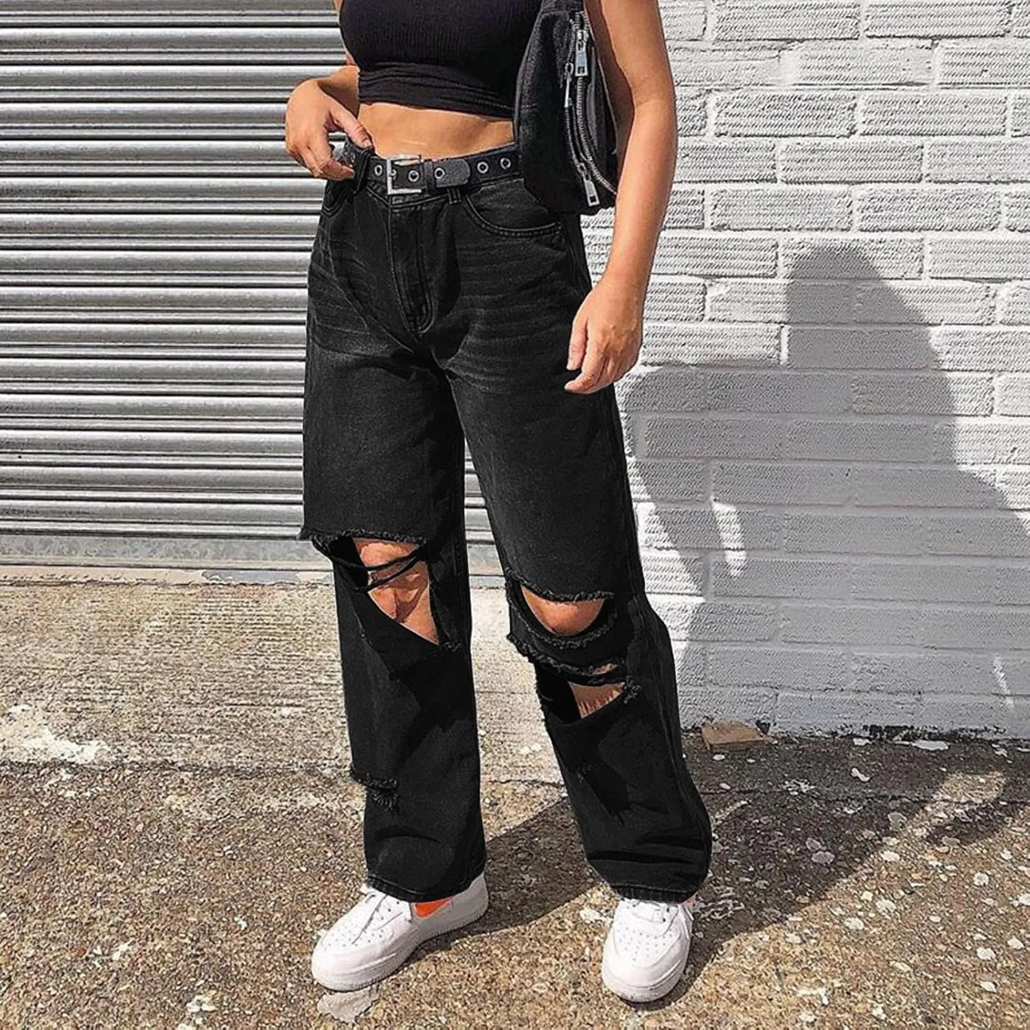 XIAOBU Ripped Straight Jeans Women's High Waist Loose Retro Denim Pants Pocket Button Solid Casual Trousers