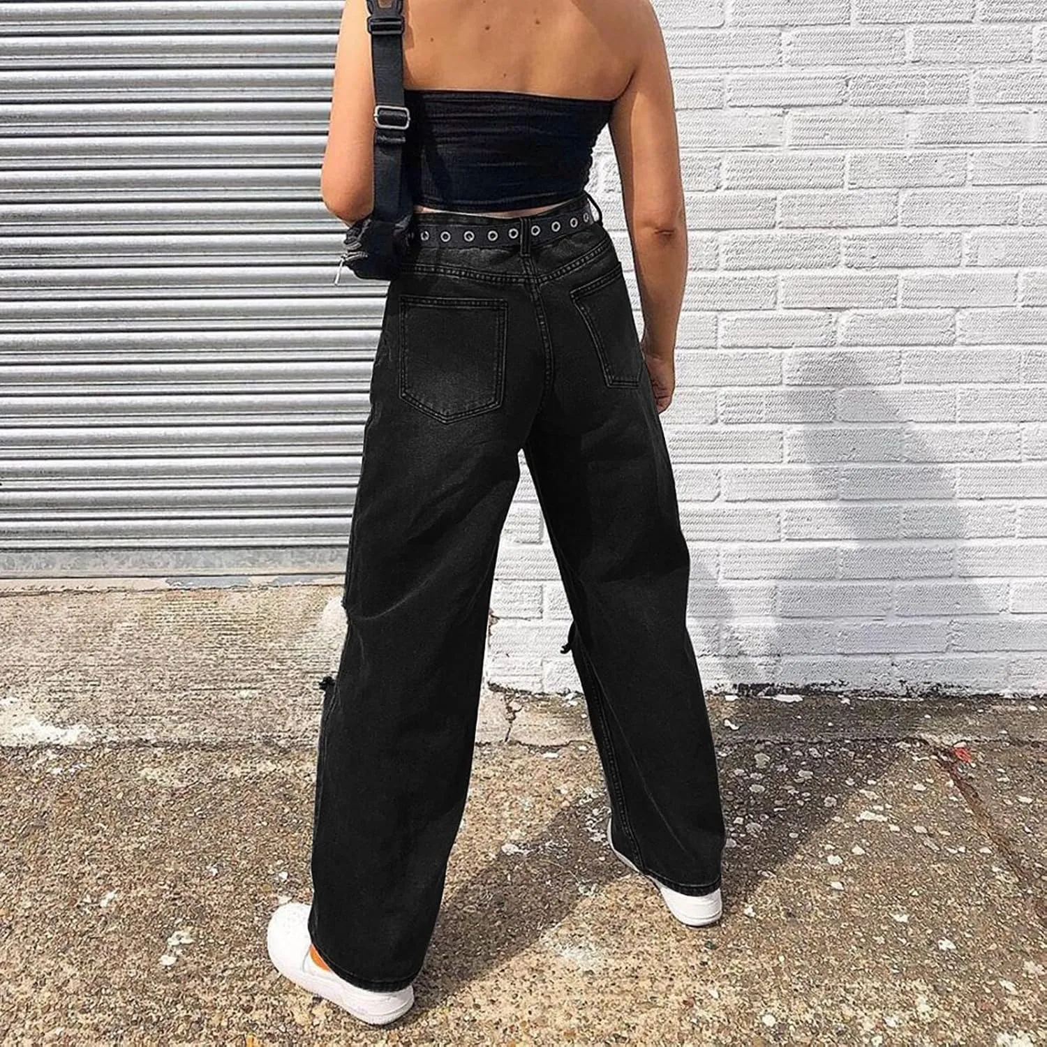 XIAOBU Ripped Straight Jeans Women's High Waist Loose Retro Denim Pants Pocket Button Solid Casual Trousers