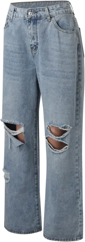 XIAOBU Ripped Straight Jeans Women's High Waist Loose Retro Denim Pants Pocket Button Solid Casual Trousers