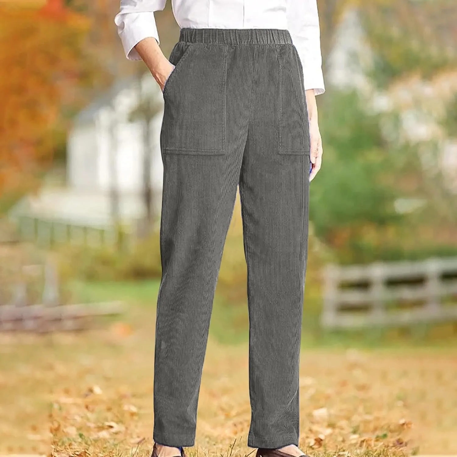 XUNRYAN Corduroy Pants for Women Casual Elastic High Waist Straight Leg Pants Loose Comfy Trousers Joggers with Pockets