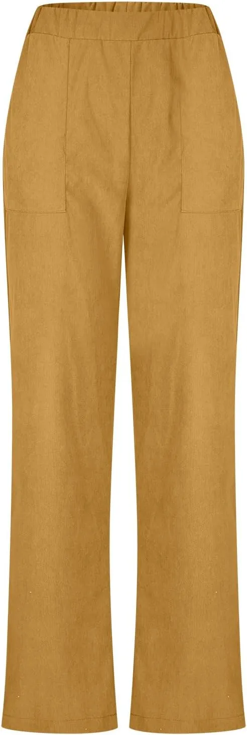XUNRYAN Corduroy Pants for Women Casual Elastic High Waist Straight Leg Pants Loose Comfy Trousers Joggers with Pockets