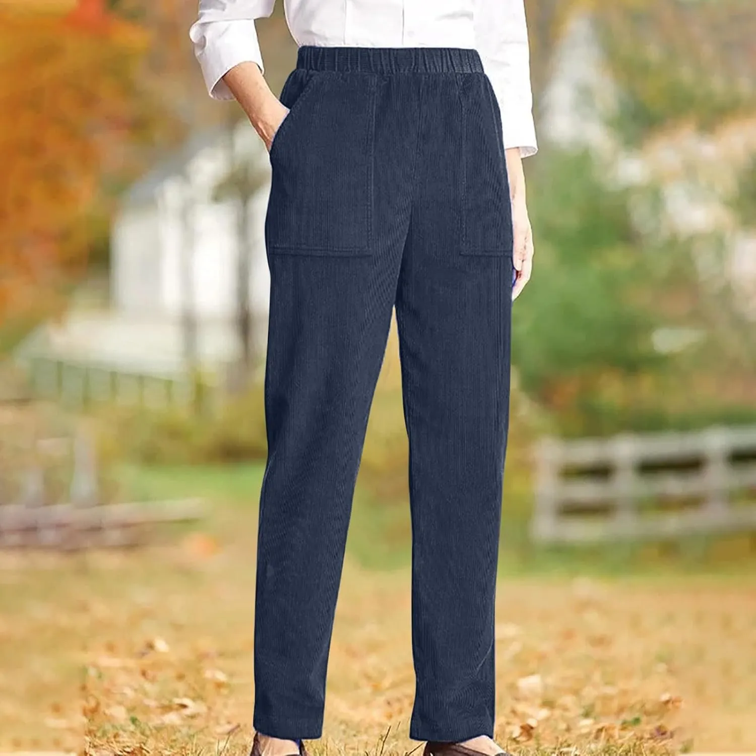 XUNRYAN Corduroy Pants for Women Casual Elastic High Waist Straight Leg Pants Loose Comfy Trousers Joggers with Pockets