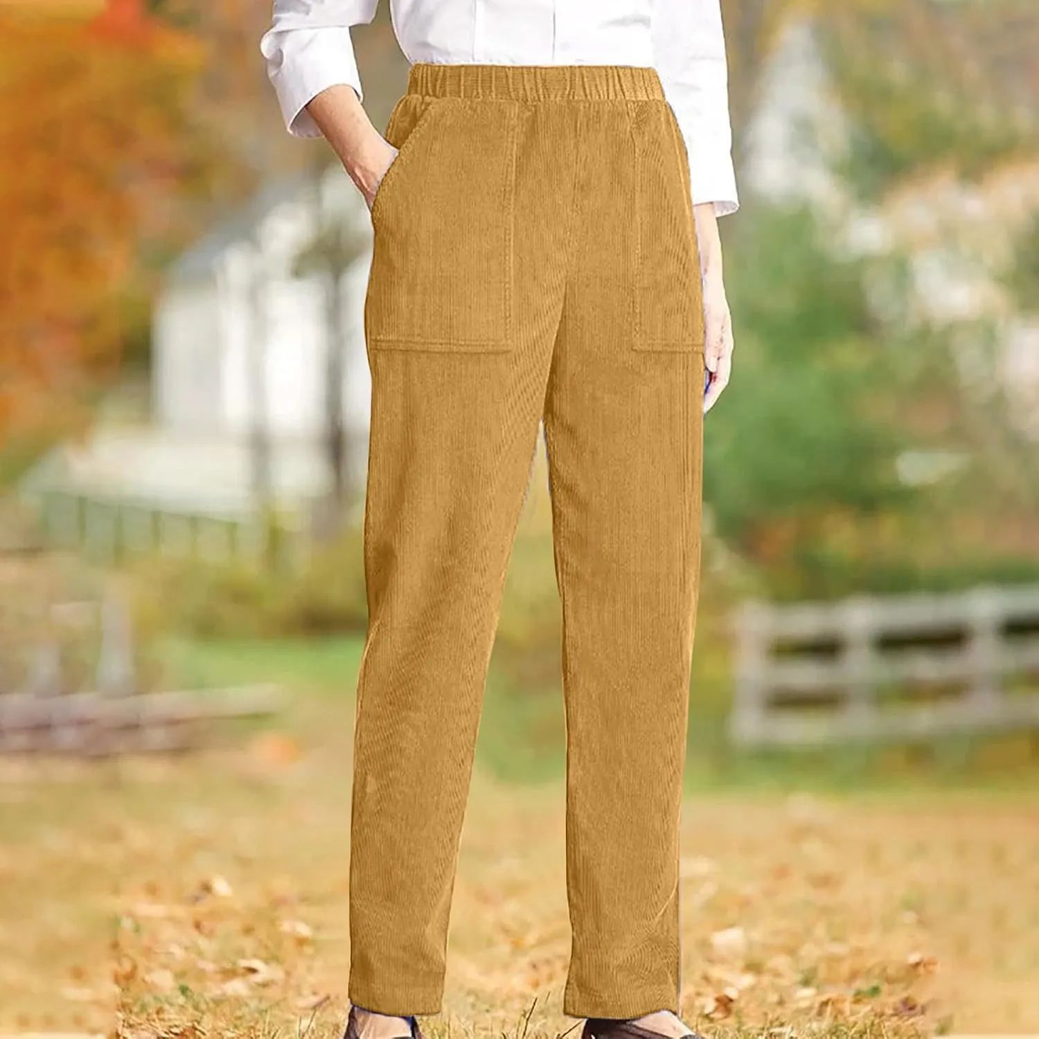 XUNRYAN Corduroy Pants for Women Casual Elastic High Waist Straight Leg Pants Loose Comfy Trousers Joggers with Pockets