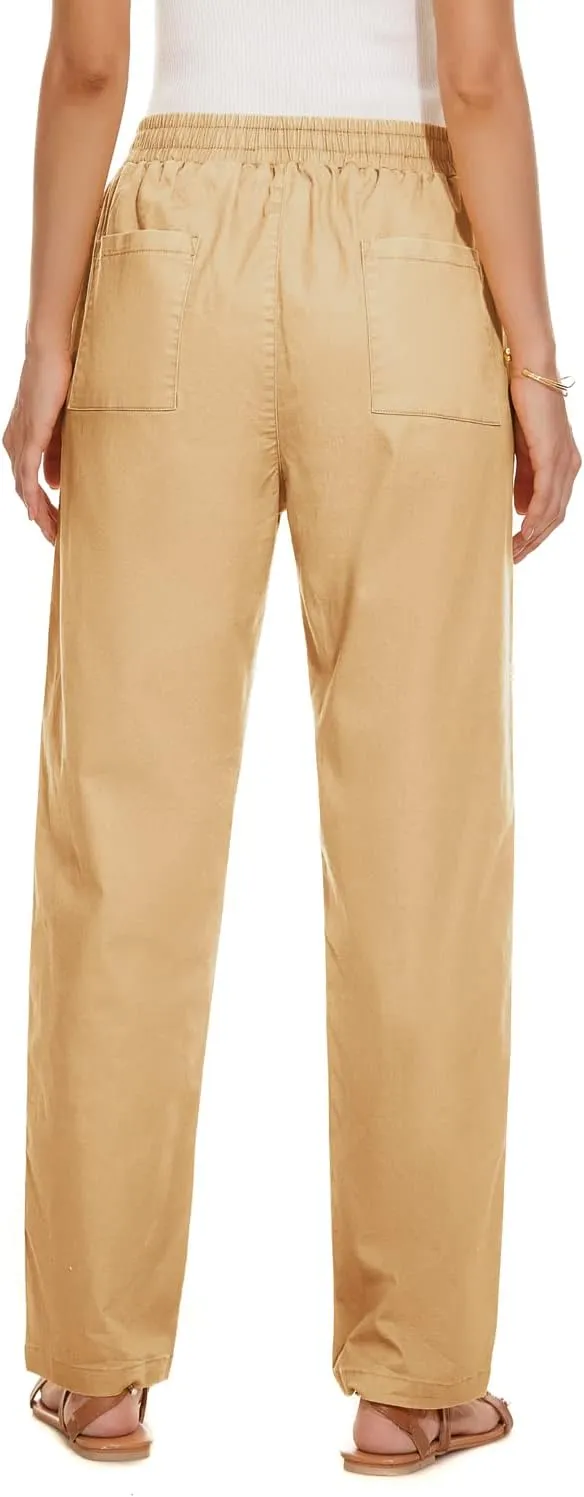 YOCUR Womens Casual Elastic High Waisted Work Pants Cotton Straight Leg Drawstring Trousers