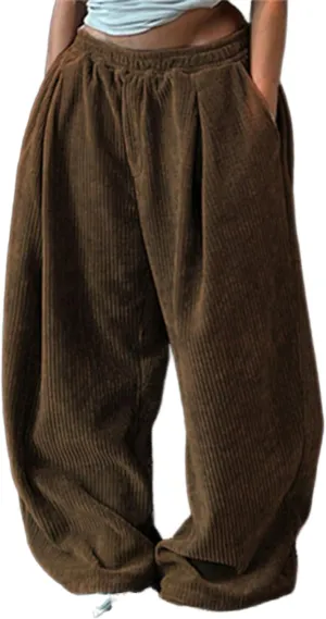 YOOTIKO Womens Baggy Corduroy Pants Elastic High Waisted Fall Comfy Casual Loose Straight Wide Leg Trousers
