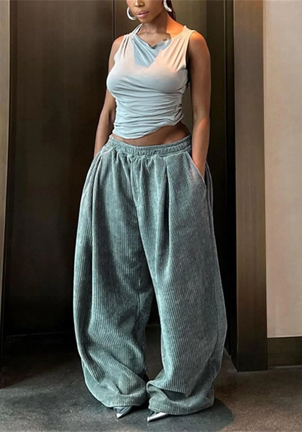 YOOTIKO Womens Baggy Corduroy Pants Elastic High Waisted Fall Comfy Casual Loose Straight Wide Leg Trousers