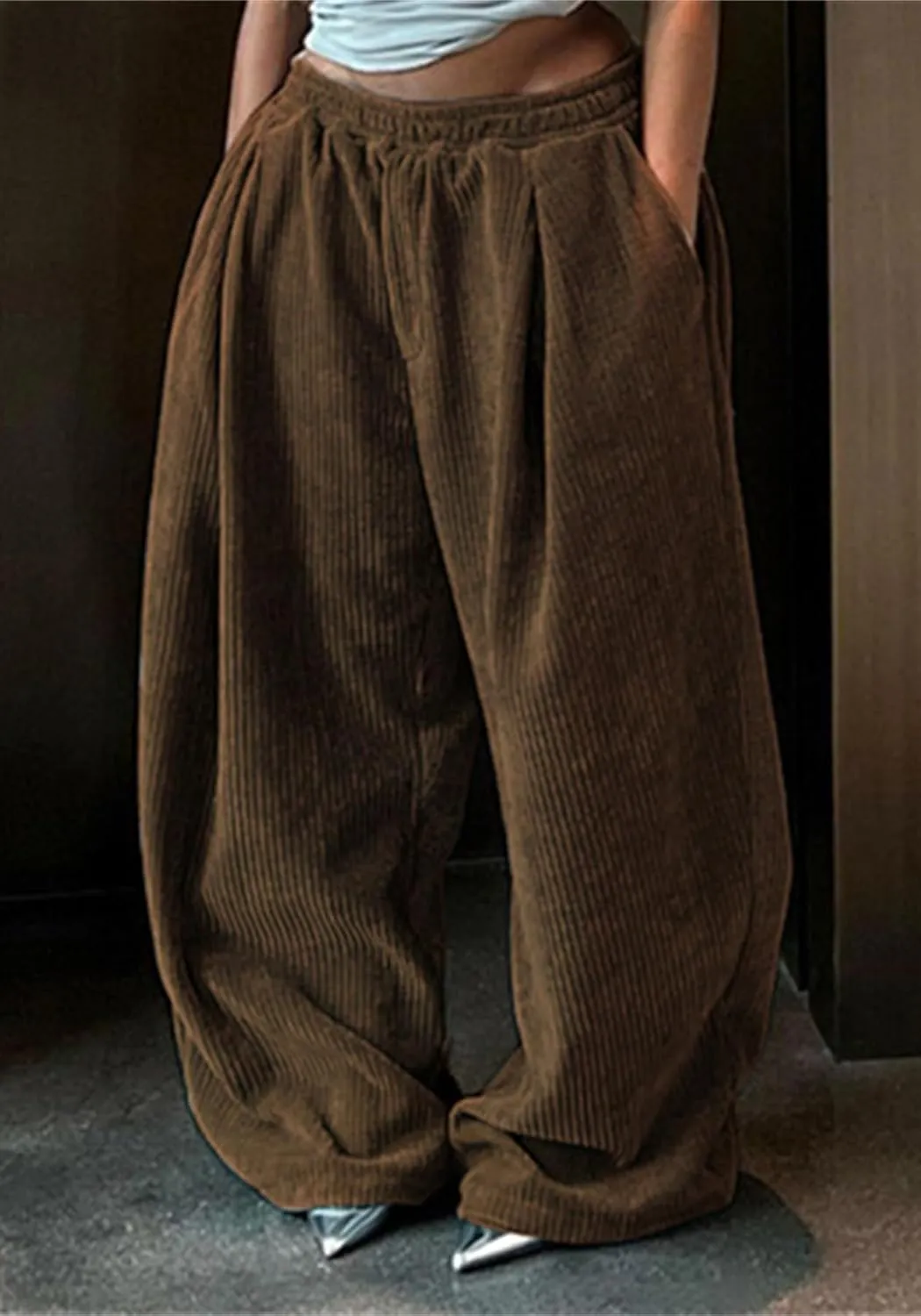YOOTIKO Womens Baggy Corduroy Pants Elastic High Waisted Fall Comfy Casual Loose Straight Wide Leg Trousers