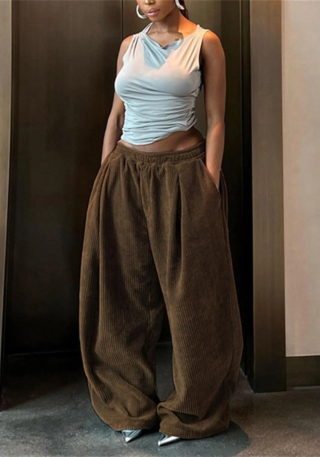 YOOTIKO Womens Baggy Corduroy Pants Elastic High Waisted Fall Comfy Casual Loose Straight Wide Leg Trousers