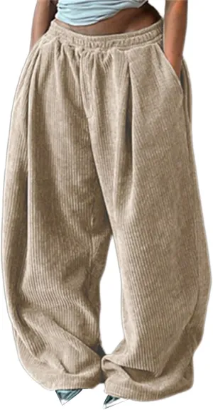YOOTIKO Womens Baggy Corduroy Pants Elastic High Waisted Fall Comfy Casual Loose Straight Wide Leg Trousers