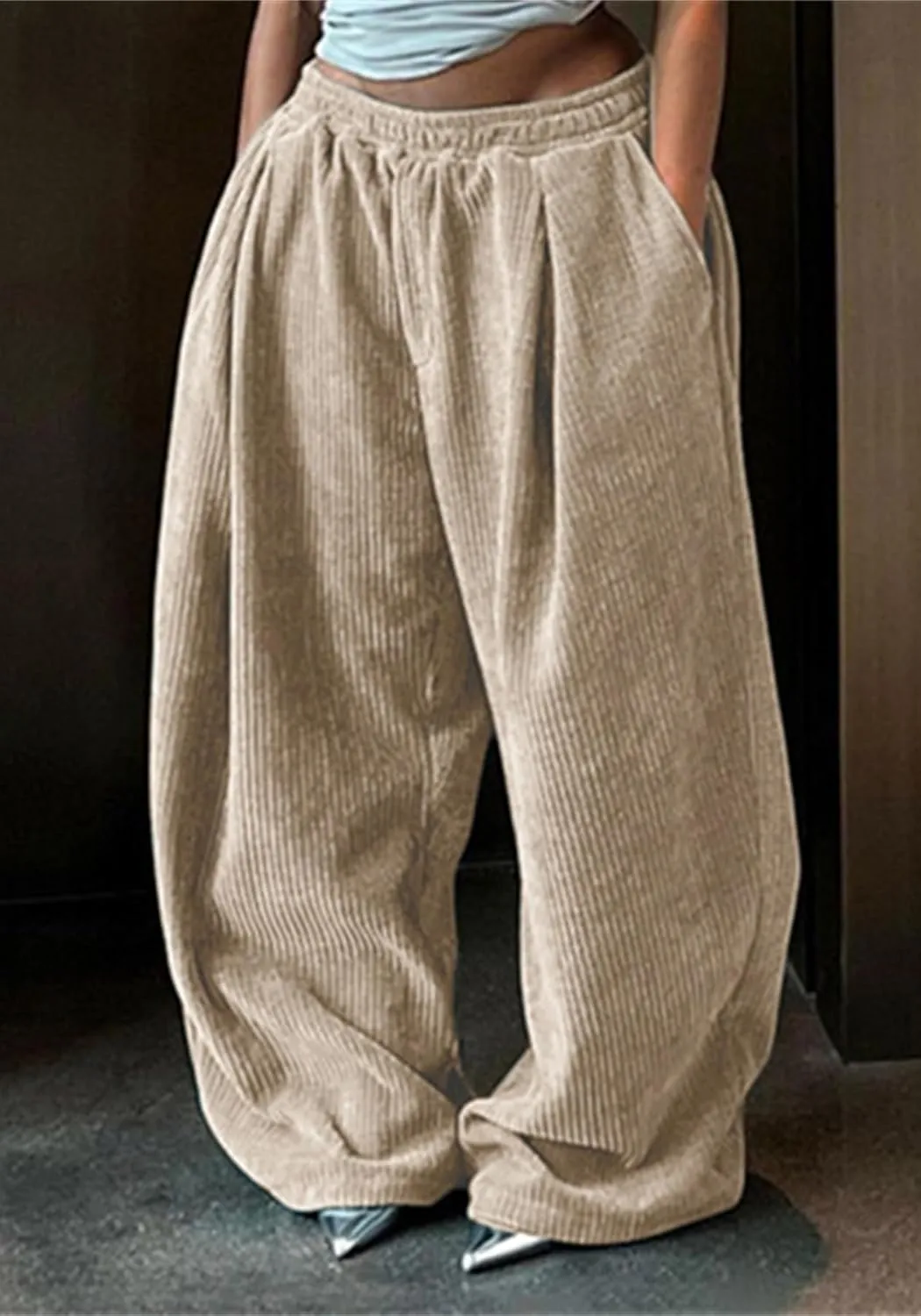 YOOTIKO Womens Baggy Corduroy Pants Elastic High Waisted Fall Comfy Casual Loose Straight Wide Leg Trousers