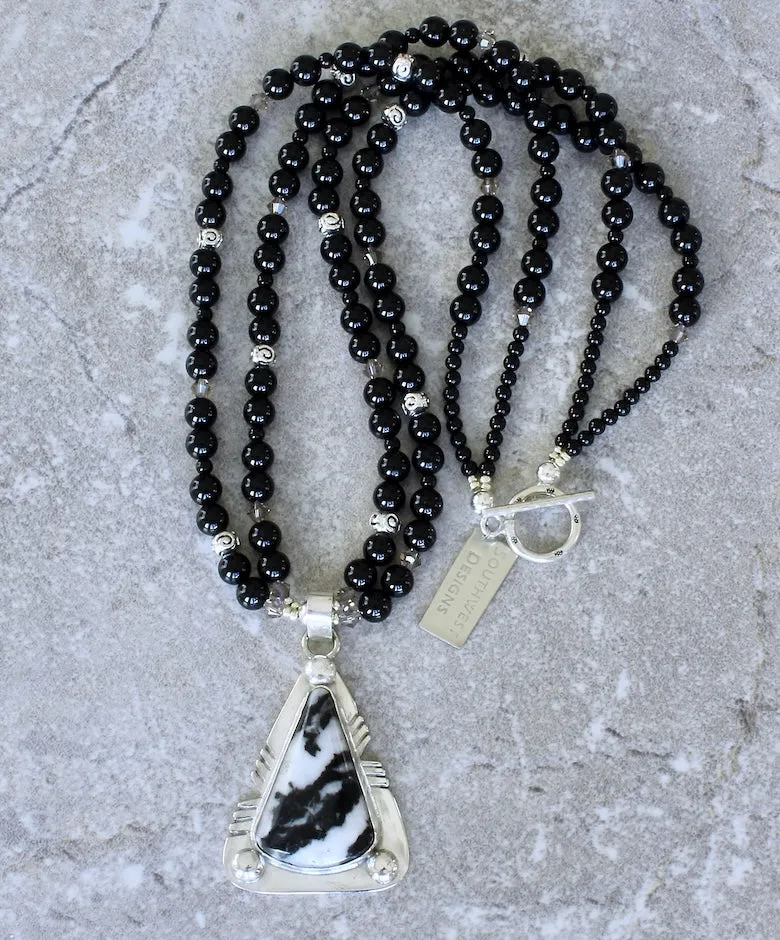 Zebra Jasper and Sterling Silver Pendant with 2 Strands of Black Onyx Rounds and Sterling Silver Beads & Toggle Clasp