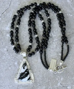 Zebra Jasper and Sterling Silver Pendant with 2 Strands of Black Onyx Rounds and Sterling Silver Beads & Toggle Clasp