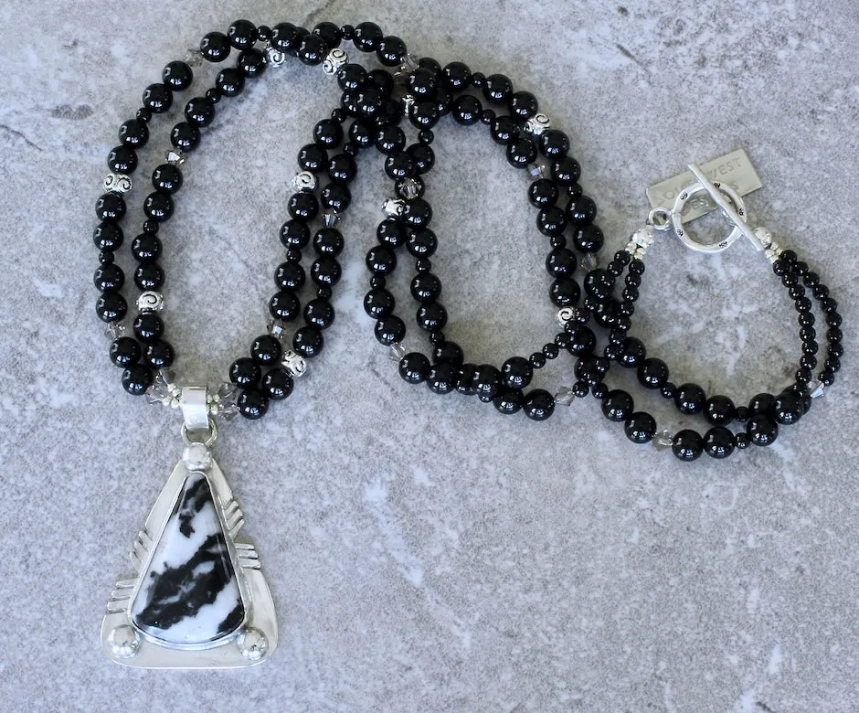 Zebra Jasper and Sterling Silver Pendant with 2 Strands of Black Onyx Rounds and Sterling Silver Beads & Toggle Clasp